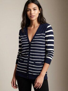 Gap Navy Striped Cotton Silk Button Up Cardigan